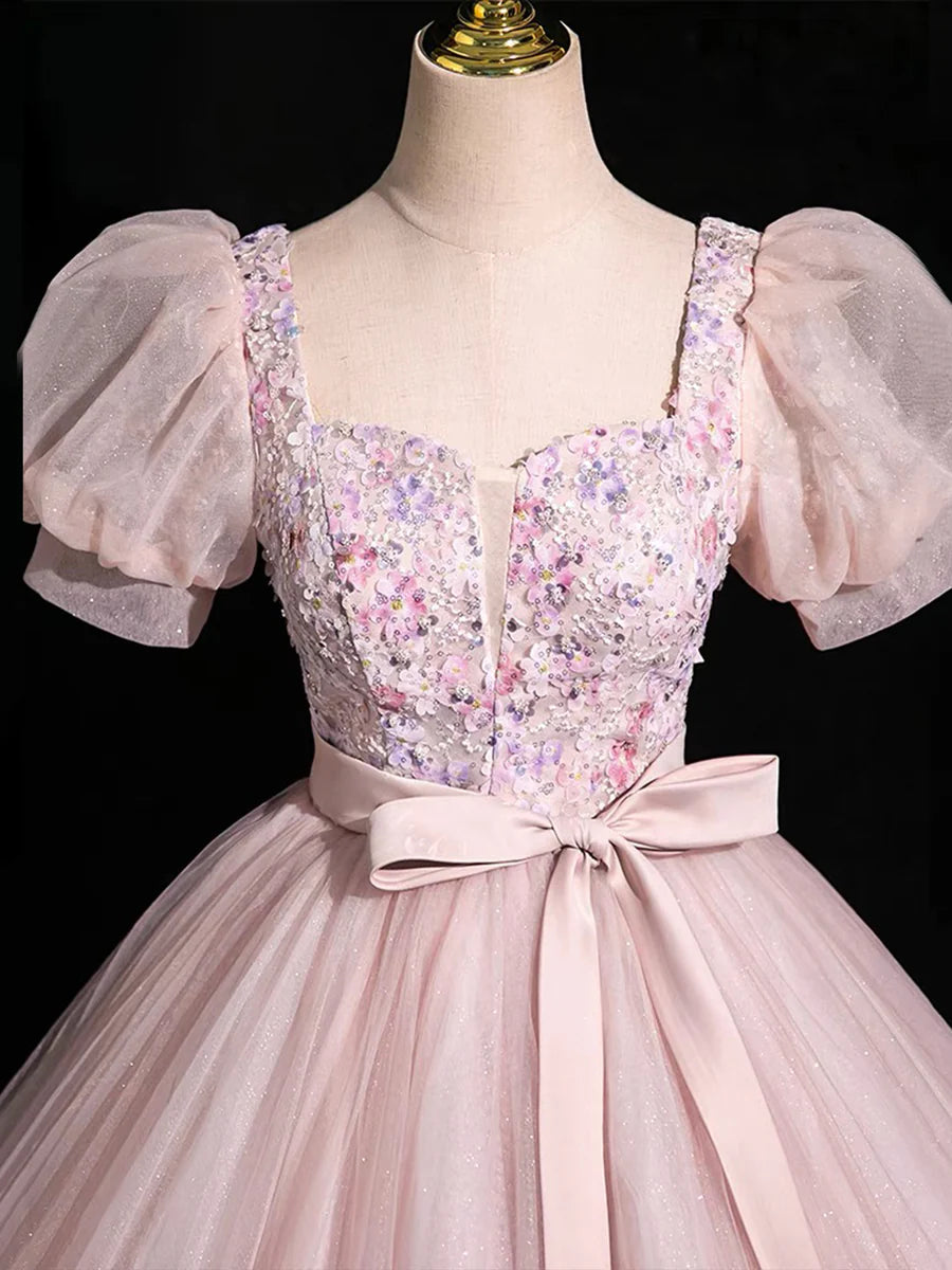 Beautiful Floral Tulle Floor Length Prom Dress, Pink A-Line Short Sleeve Evening Dress TP102