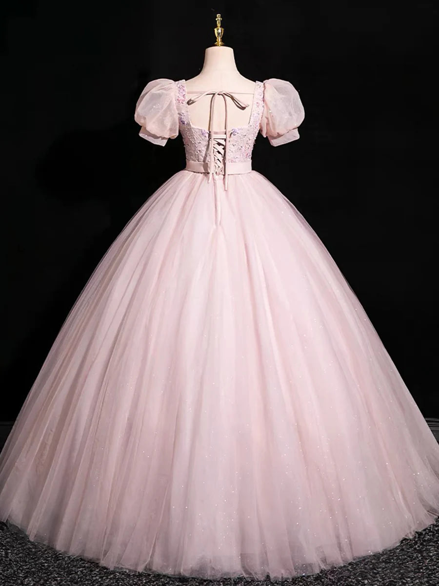 Beautiful Floral Tulle Floor Length Prom Dress, Pink A-Line Short Sleeve Evening Dress TP102