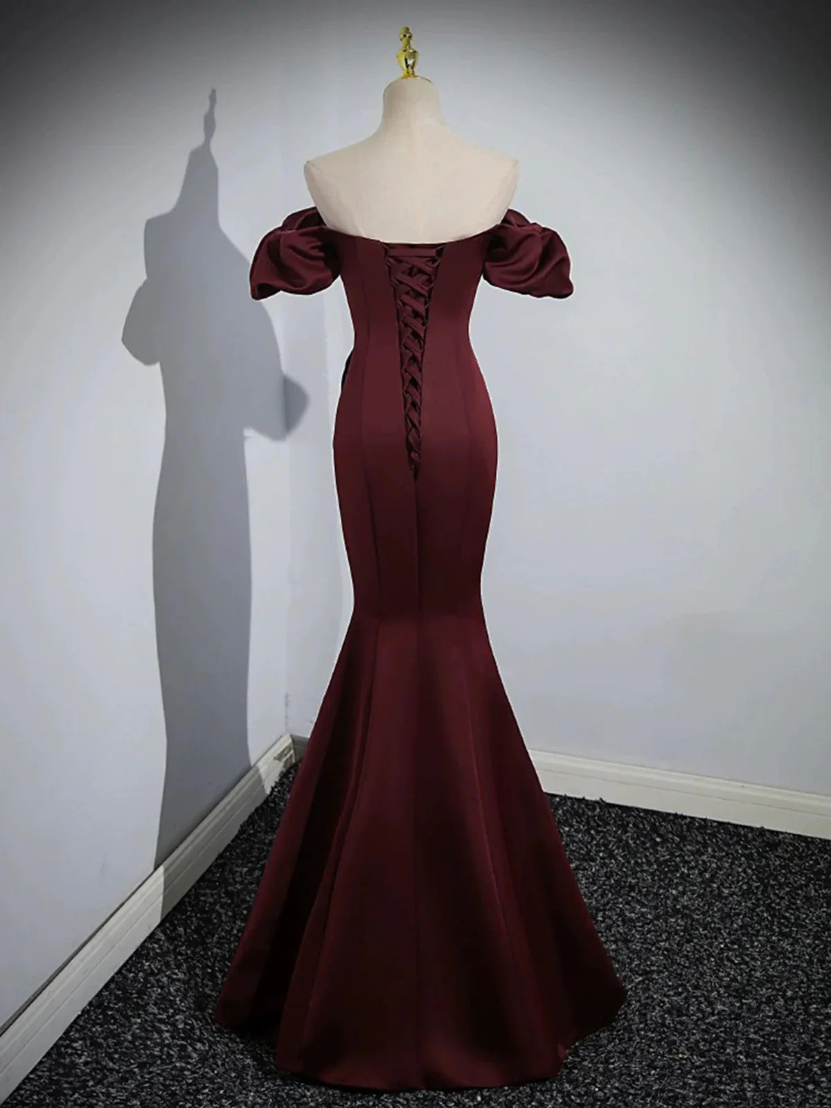 Charming Maroon Satin Mermaid Off Shoulder Prom Dress, Maroon Party Dress TP1020