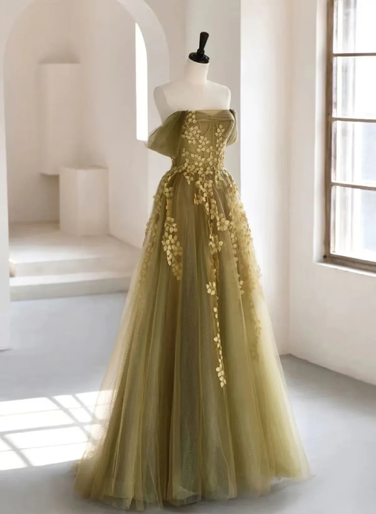 A-Line Off Shoulder Long Prom Dress, Green Tulle Formal Evening Dress TP1034