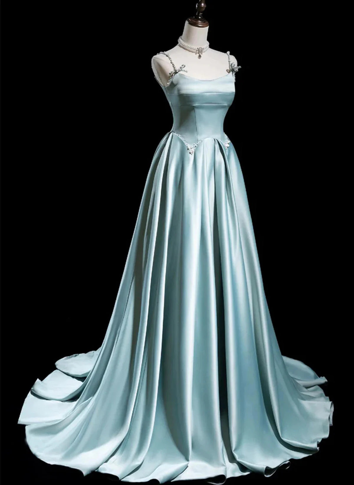 Blue Satin A-line Beaded Long Party Dress Prom Dress, Blue Evening Dress TP1047