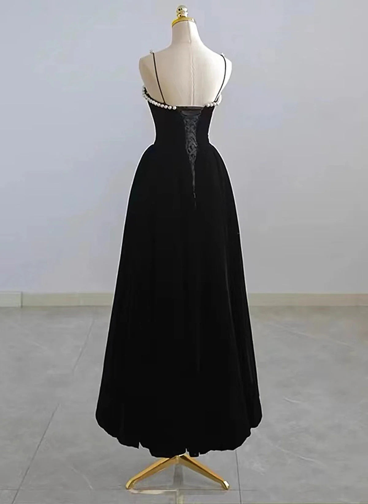 Black Velvet Straps Tea Length Party Dress, Black Velvet Homecoming Dress TP1053
