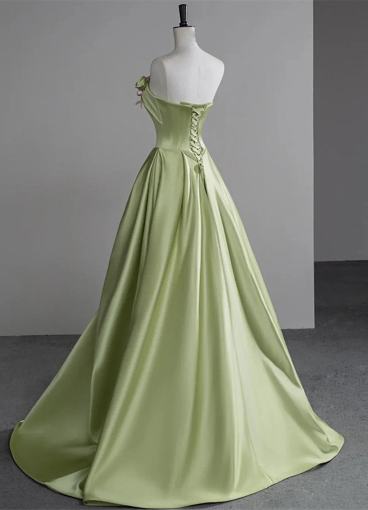 Green A-line Satin with Flowers Long Evening Dress, Green Satin Prom Dress TP1054