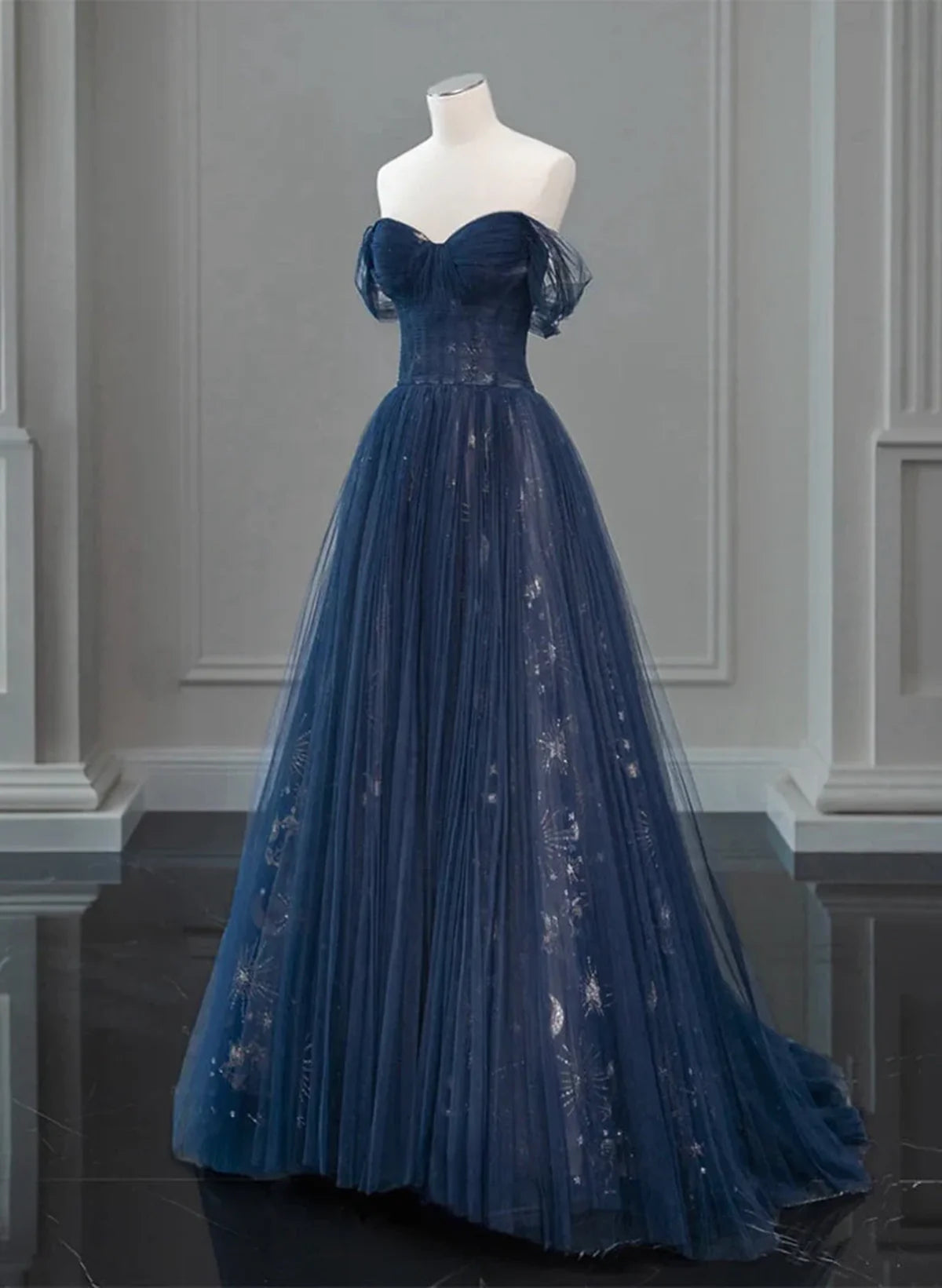Navy Blue Sweetheart Off Shoulder Tulle Prom Dress, A-line Tulle Formal Dress TP1057