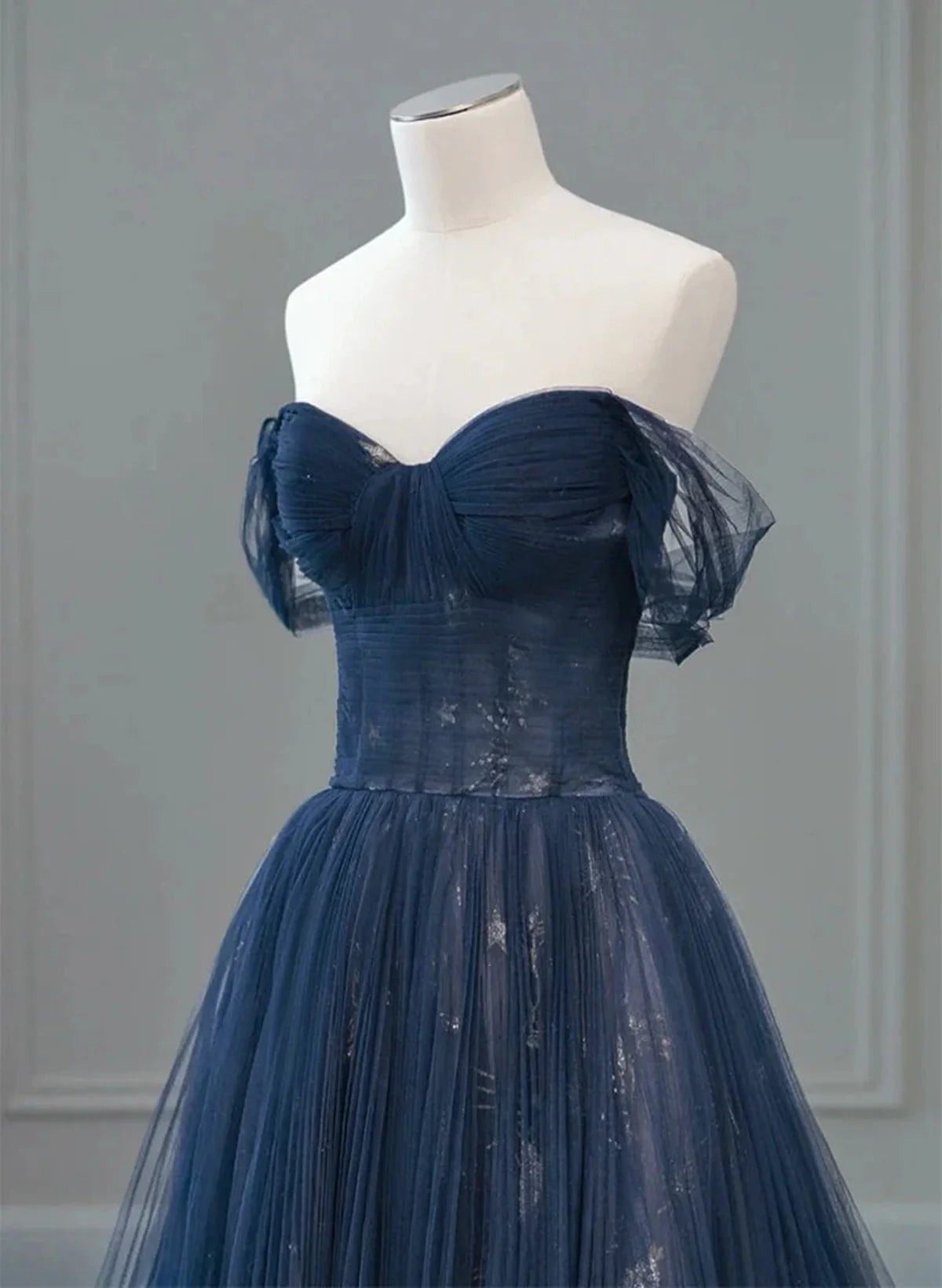 Navy Blue Sweetheart Off Shoulder Tulle Prom Dress, A-line Tulle Formal Dress TP1057