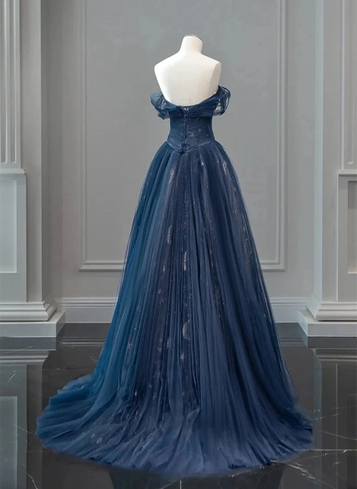 Navy Blue Sweetheart Off Shoulder Tulle Prom Dress, A-line Tulle Formal Dress TP1057