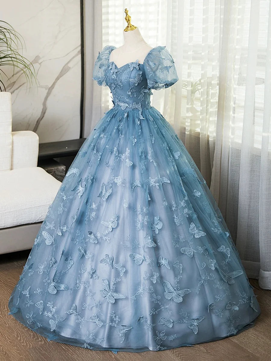 Blue Lace Butterfly Long Prom Dress, Elegant A-Line Short Sleeve Evening Formal Dress TP106