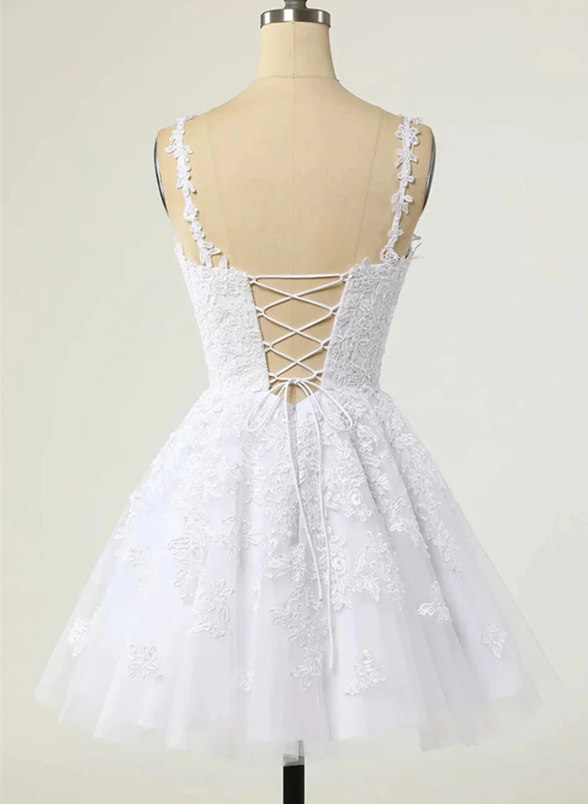Cute V-neckline White Tulle with Lace Graduation Dress, White Short Party Dress TP1060