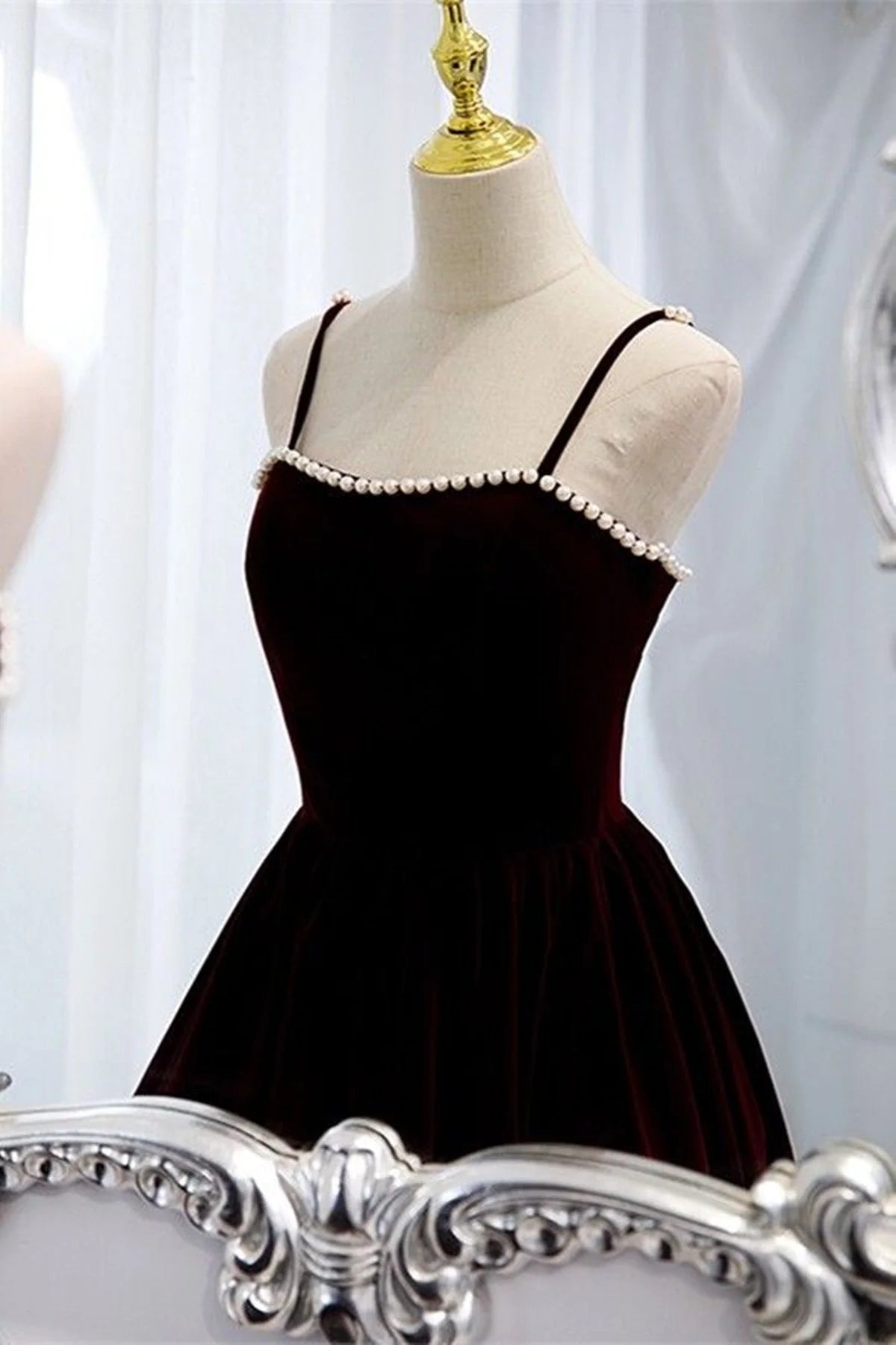 Wine Red Velvet Tea Length Party Dress, Wine Red Straps Homecoming Dress TP1063