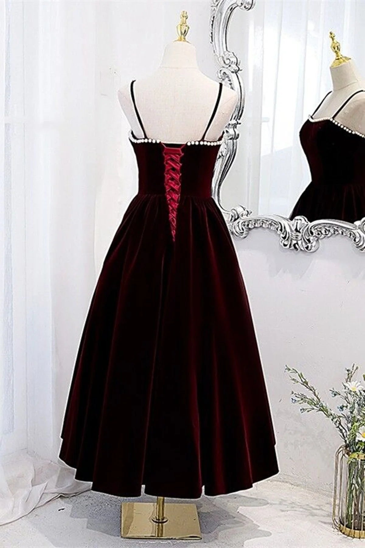 Wine Red Velvet Tea Length Party Dress, Wine Red Straps Homecoming Dress TP1063