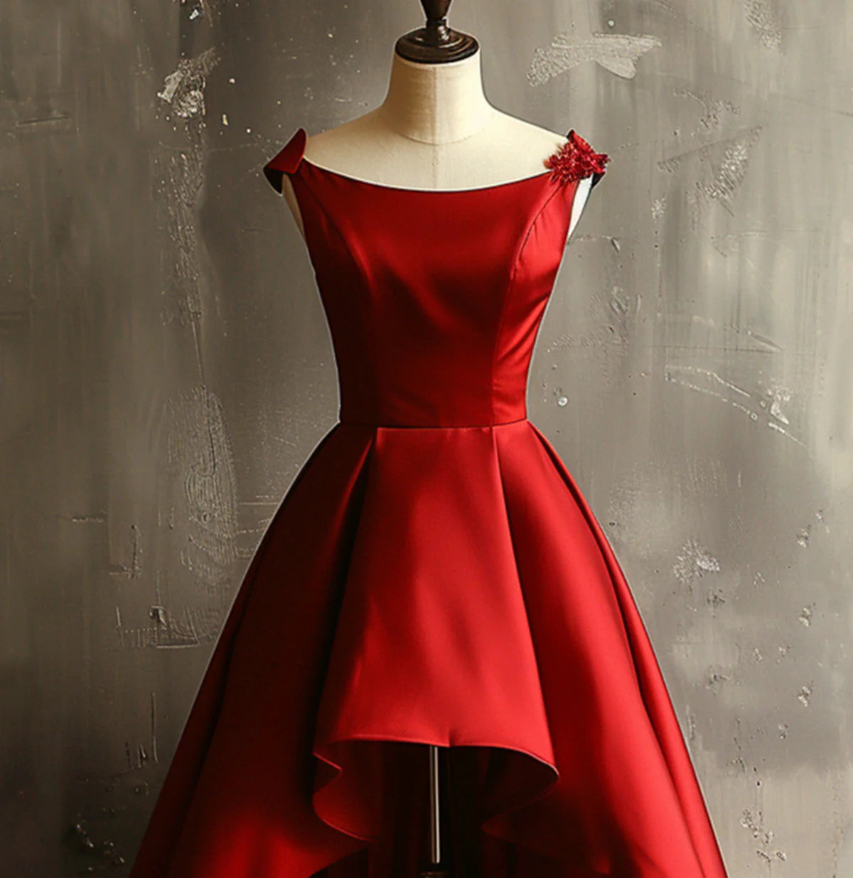 Wine Red Satin High Low Round Neckline Party Dress, Wine Red Homecoming Dress TP1064