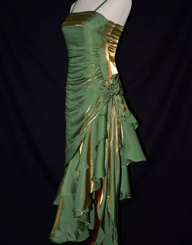 Green Satin Vintage Style High Low Party Dress, Mermaid Spaghetti Strap Dress Formal Dress TP1070