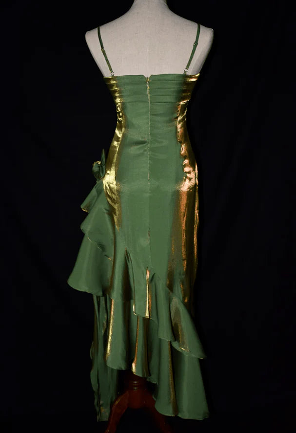 Green Satin Vintage Style High Low Party Dress, Mermaid Spaghetti Strap Dress Formal Dress TP1070