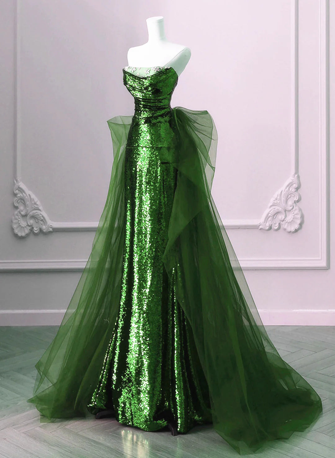 A-Line Green Sequins And Tulle Long Party Dress, Green Evening Dress Formal Dress TP1073