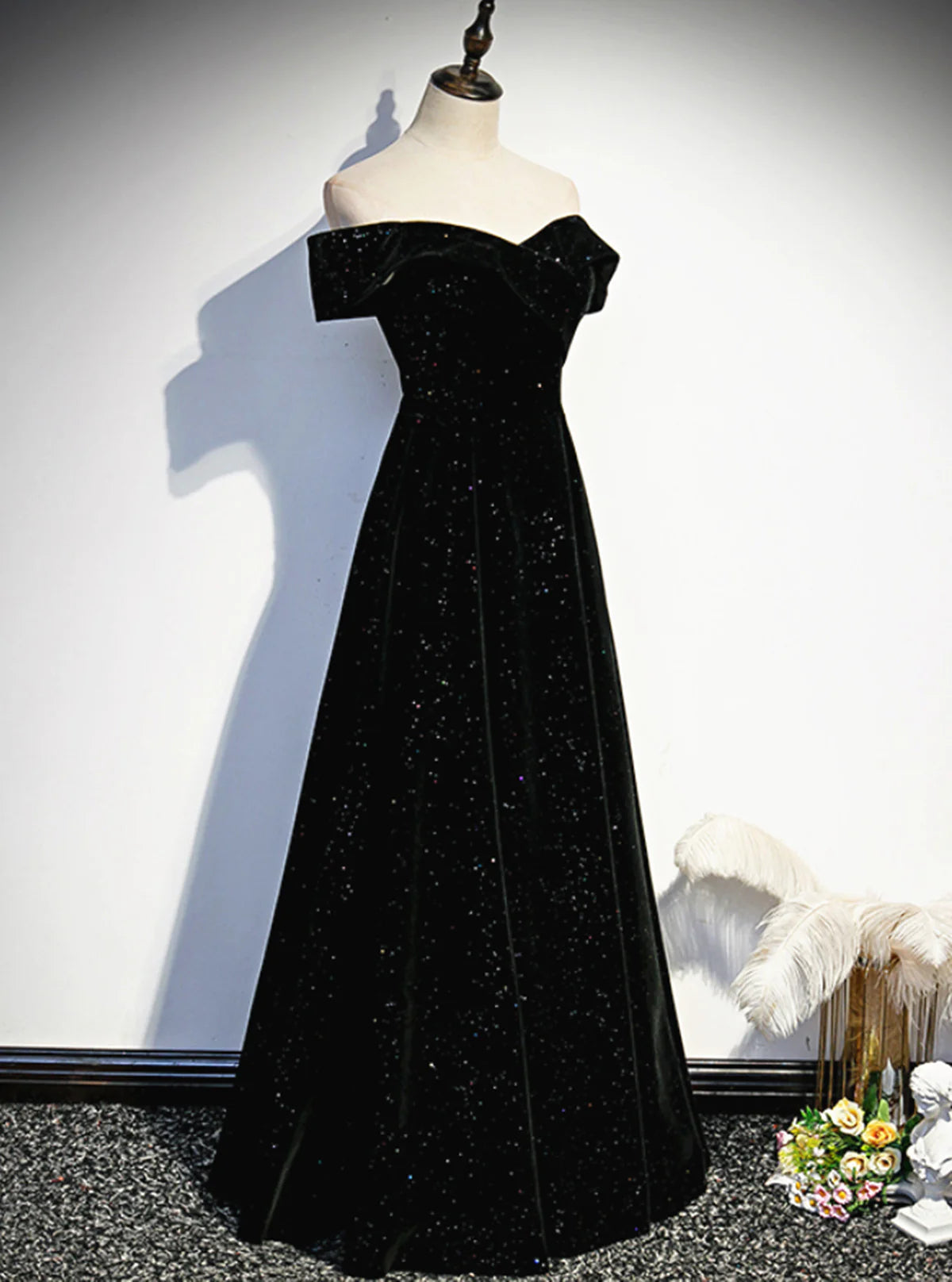 Simple Black Sweetheart Off Shoulder Long Velvet Prom Dress, Black Evening Dress TP1075