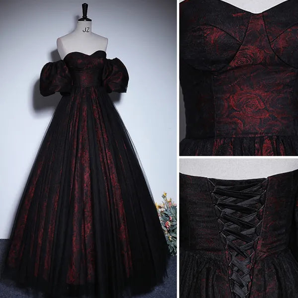 Pretty A-line Black and Red Lace Sweetheart Evening Dress, Black and Red Prom Dress TP1077