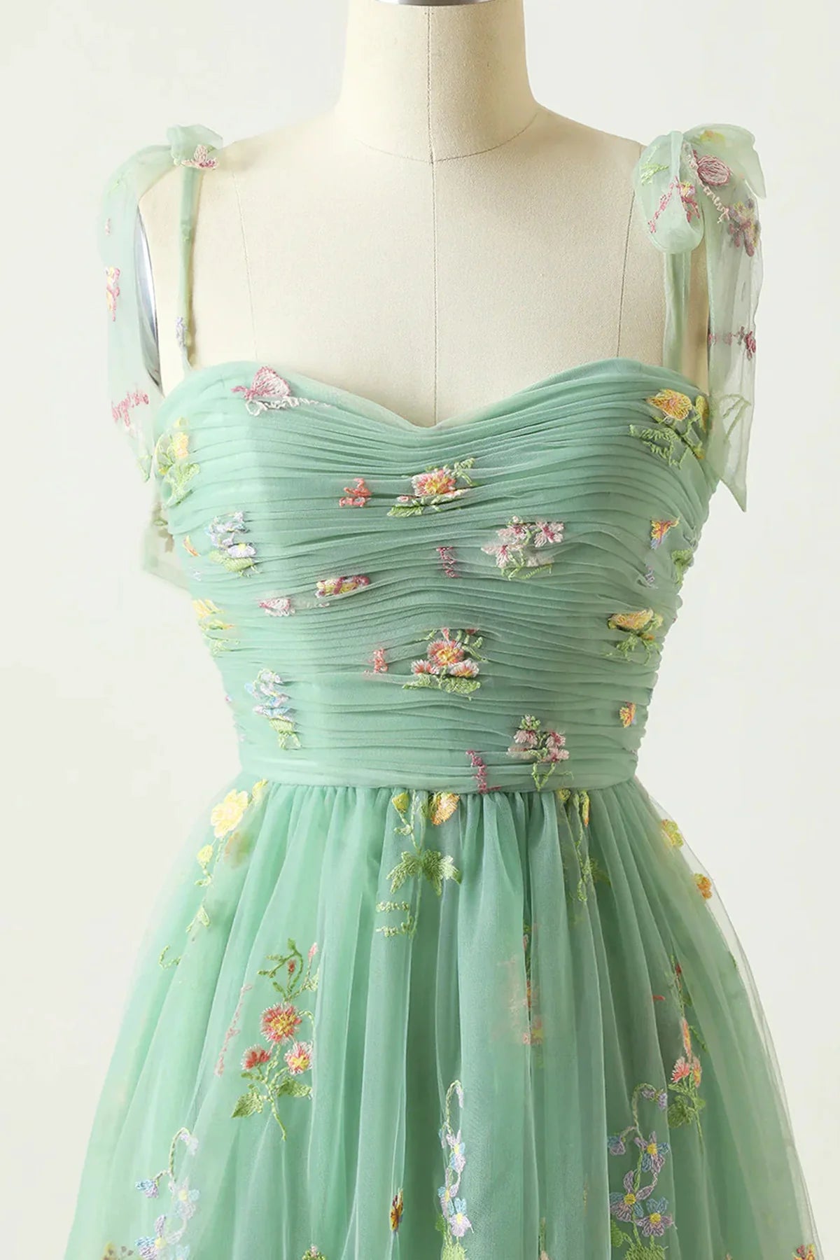 Pretty Green Floral Tulle Straps Long Party Dress, Green Long Prom Dress TP1079