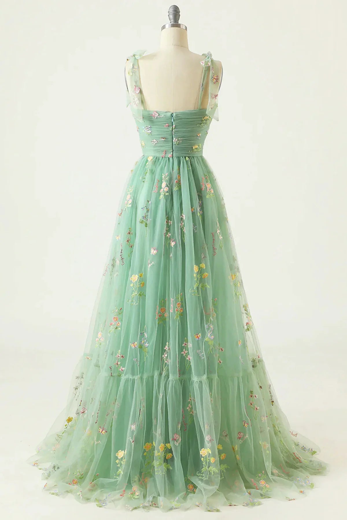 Pretty Green Floral Tulle Straps Long Party Dress, Green Long Prom Dress TP1079