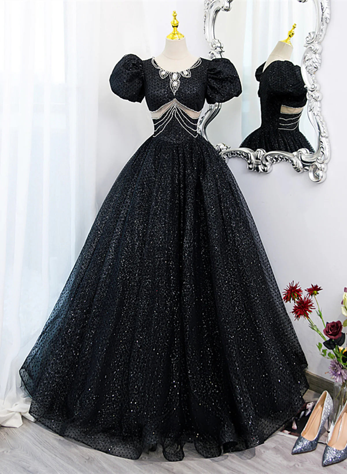 Black Tulle Beaded Short Sleeves Prom Dress, Black Tulle Formal Dress TP1081