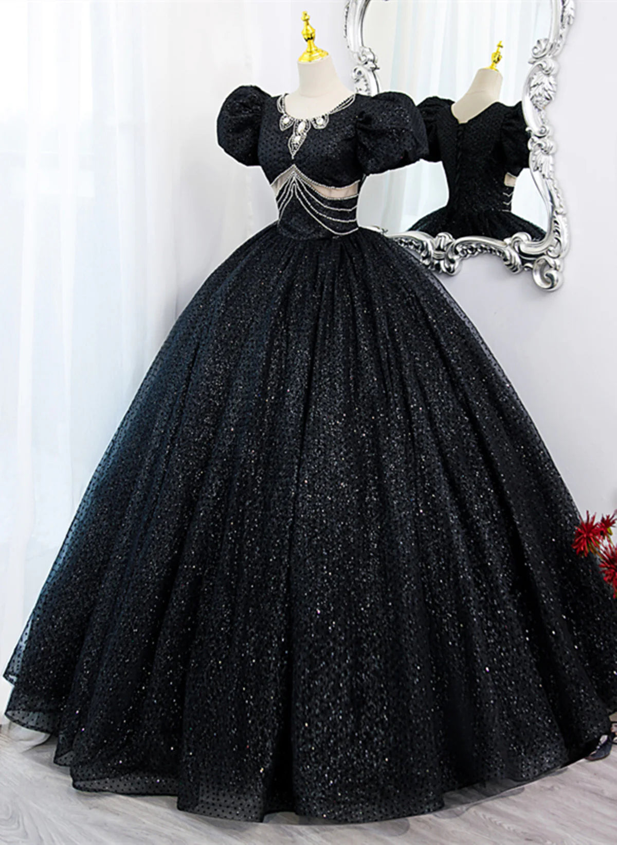 Black Tulle Beaded Short Sleeves Prom Dress, Black Tulle Formal Dress TP1081