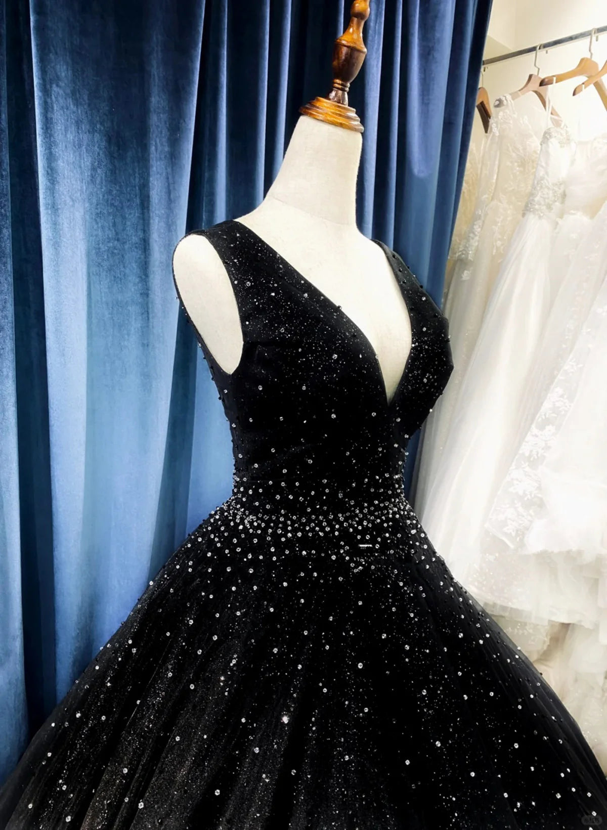 Black V-neckline Shiny Tulle Beaded Sweet 16 Dress, Black Formal Dress TP1092