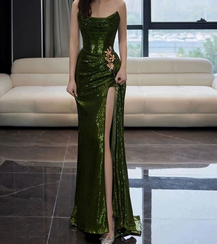 A-line Green Sequins Mermaid Long Party Dress, Mermaid Sequins Green Prom Dress TP1097