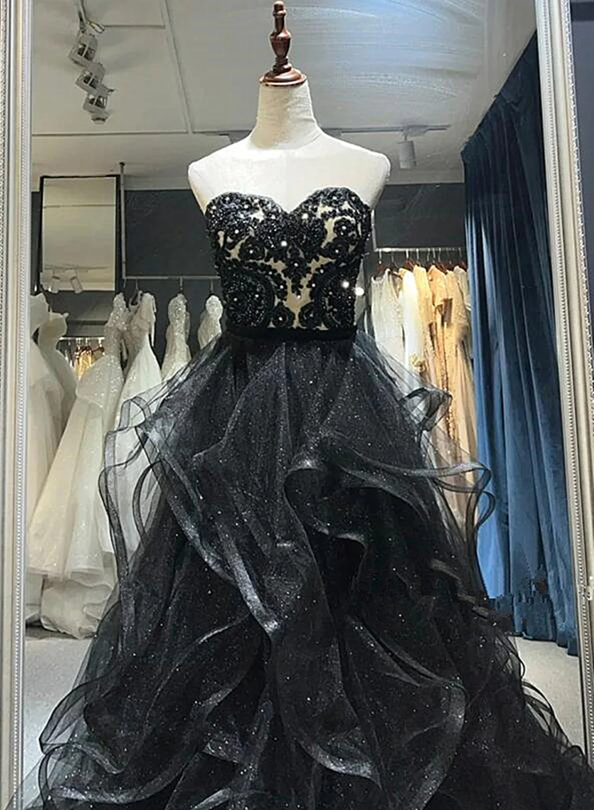 A-line Black Sweetheart Tulle Layers Long Party Dress, Black Tulle Prom Dress TP1098