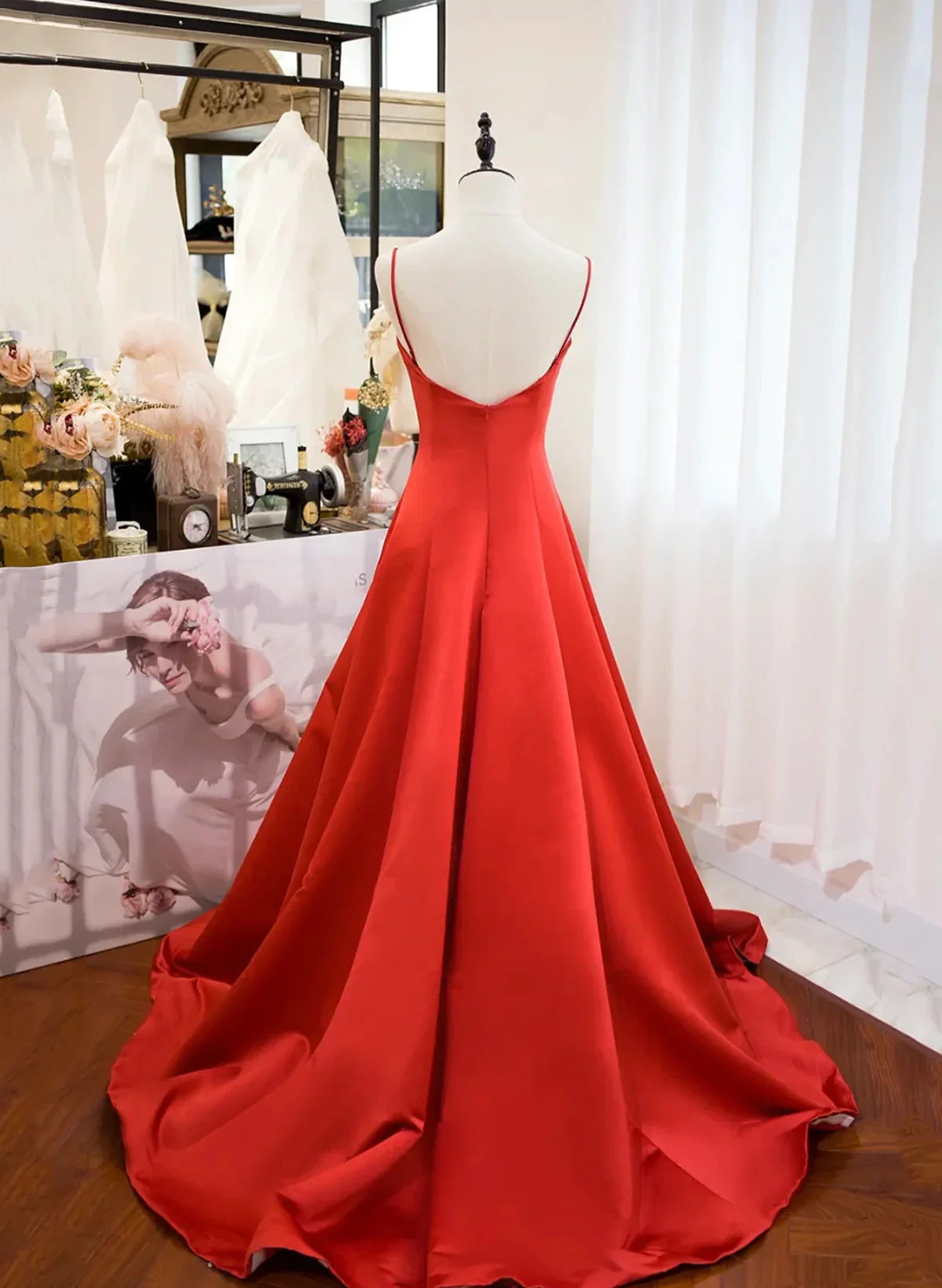Red Satin Sweetheart Long Formal Dress, Red Satin Straps Prom Dress TP1099