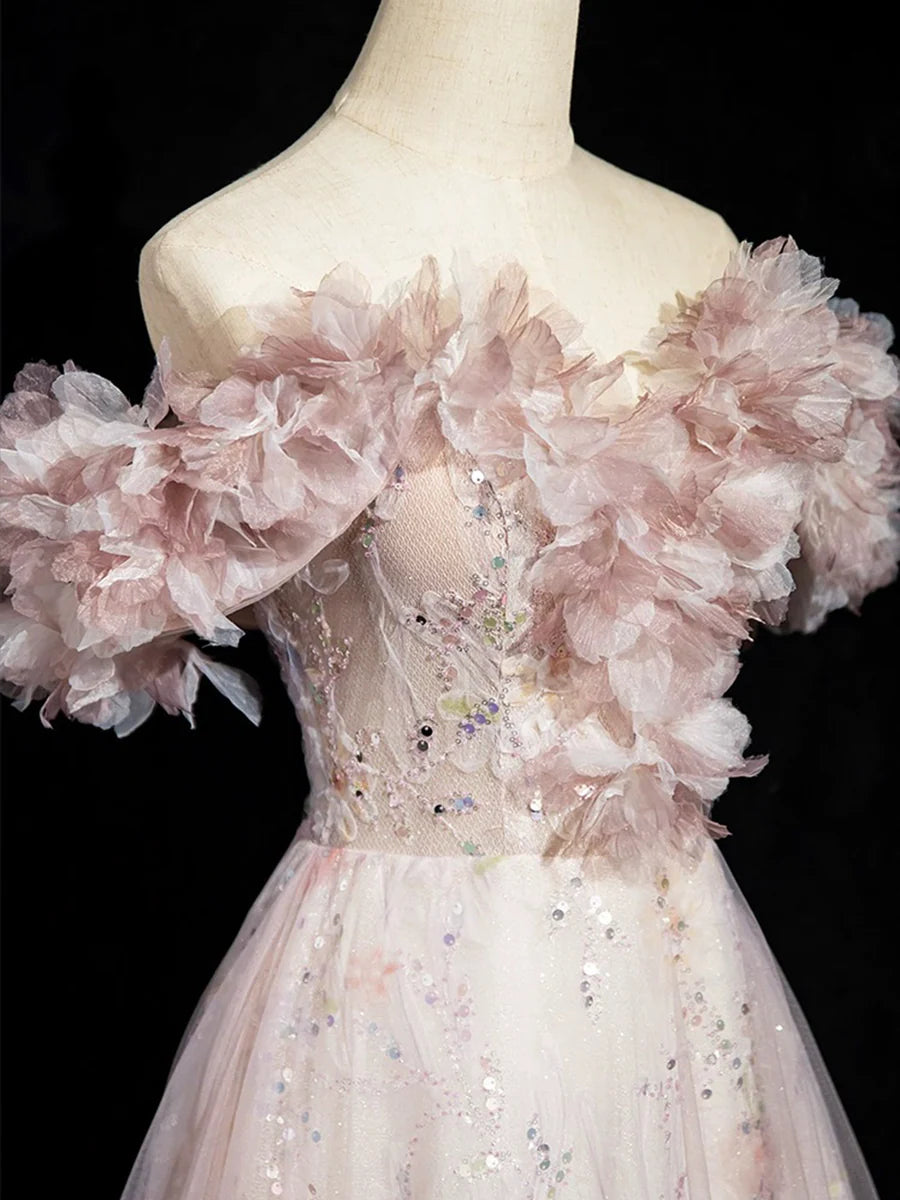 Dusty Pink Tulle Sequins Floor Length Prom Dress, Beautiful A-Line Evening Party Dress TP110