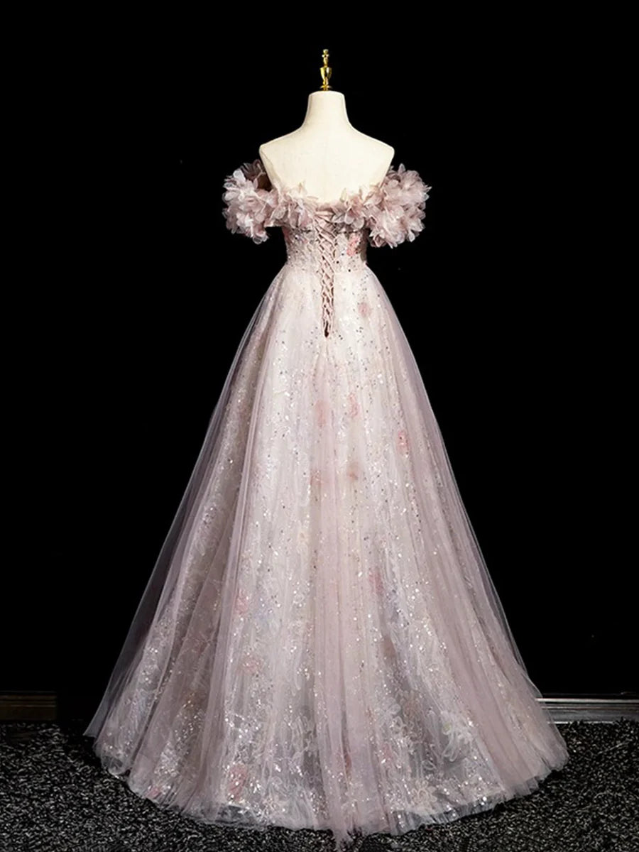 Dusty Pink Tulle Sequins Floor Length Prom Dress, Beautiful A-Line Evening Party Dress TP110
