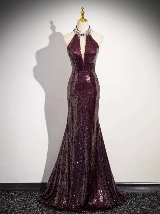 Burgundy Sequins Long Prom Dress, Mermaid Backless Evening Formal Dress TP111