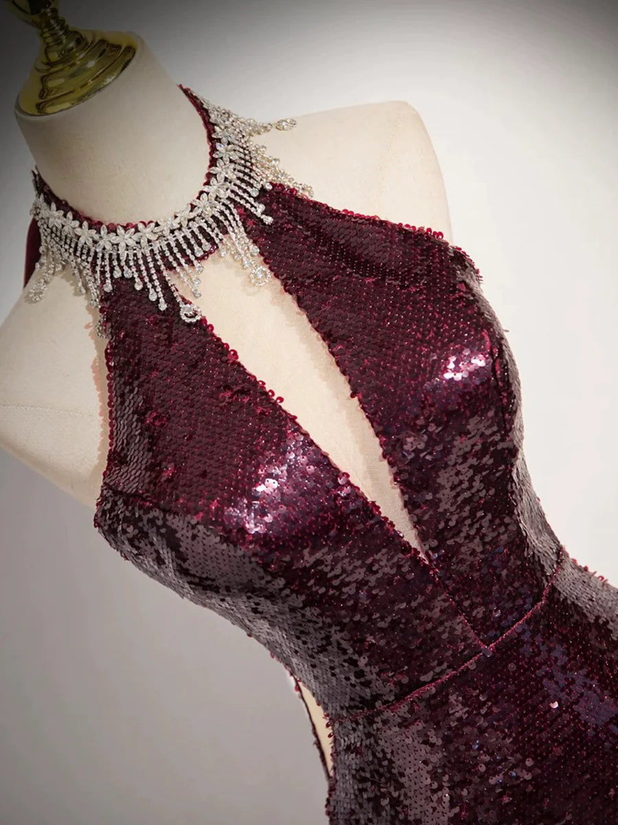 Burgundy Sequins Long Prom Dress, Mermaid Backless Evening Formal Dress TP111