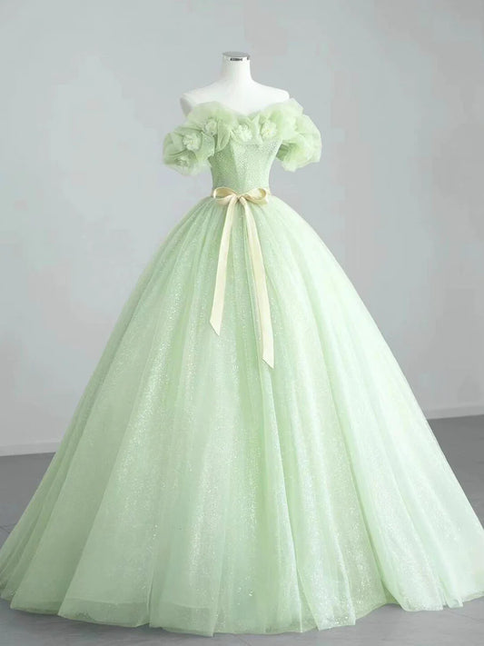 A-Line Sage Green Tulle Long Prom Dress, Beautiful Off the Shoulder Evening Party Dress TP113