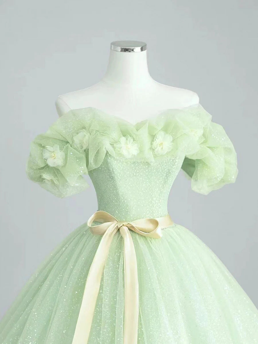 A-Line Sage Green Tulle Long Prom Dress, Beautiful Off the Shoulder Evening Party Dress TP113