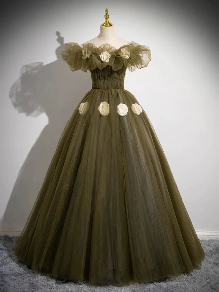 Elegant Off the Shoulder Floor Length Prom Dress, Green A-Line Tulle Formal Party Dress TP119