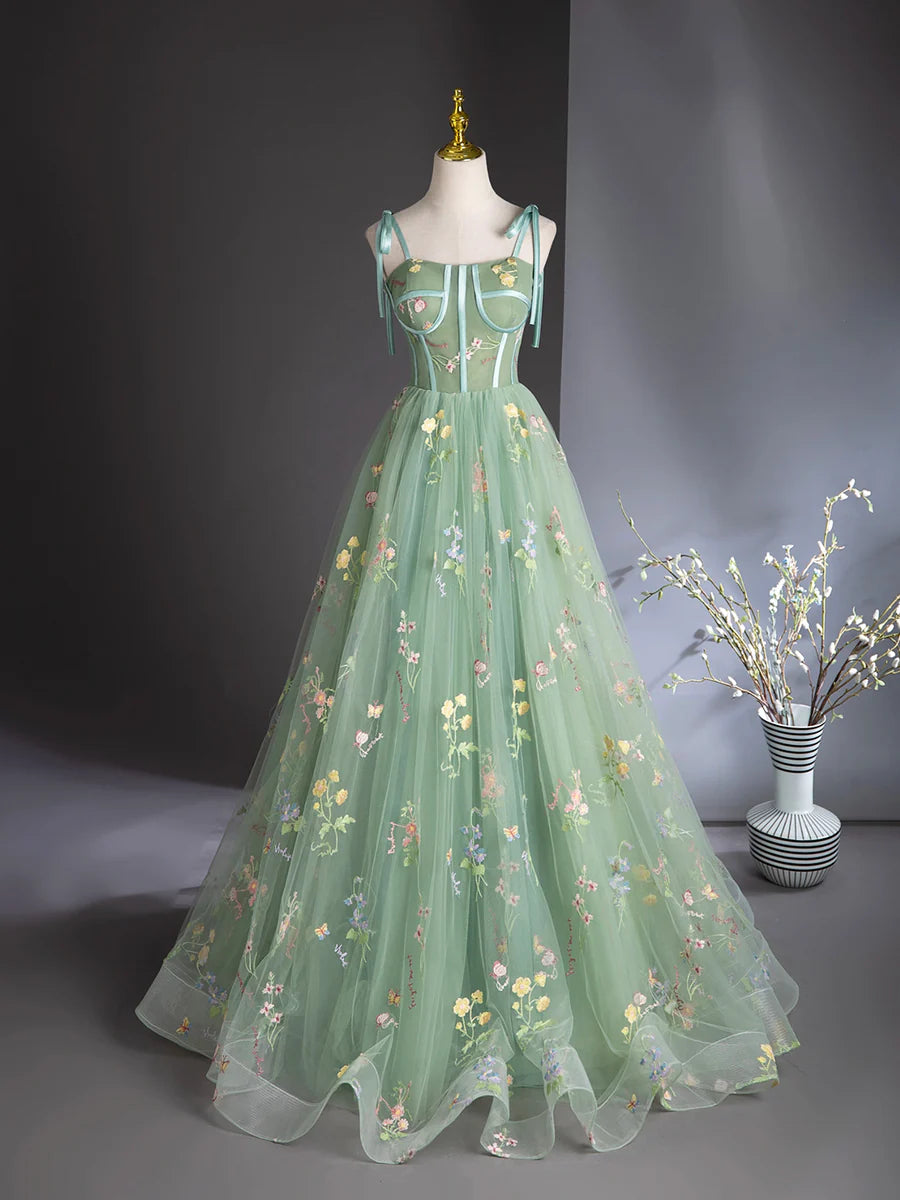 Green Floral Tulle Long Prom Dress, Beautiful A-Line Evening Formal Dress TP126