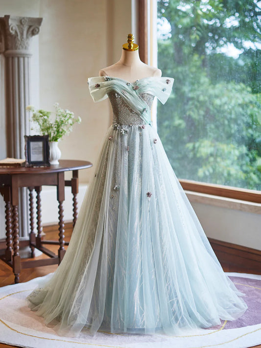 A-Line Green Floor Length Prom Dress, Beautiful Off the Shoulder Backless Evening Party Dress TP127