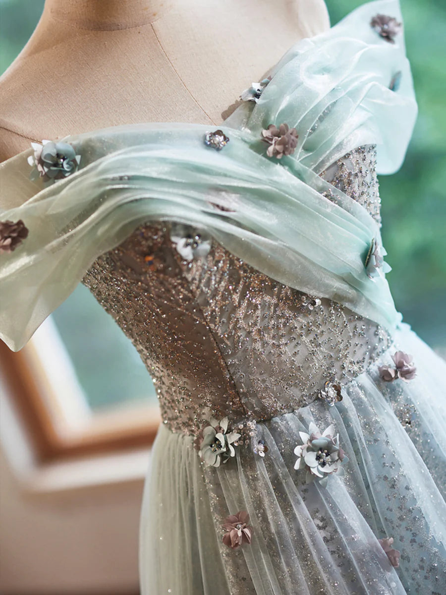 A-Line Green Floor Length Prom Dress, Beautiful Off the Shoulder Backless Evening Party Dress TP127
