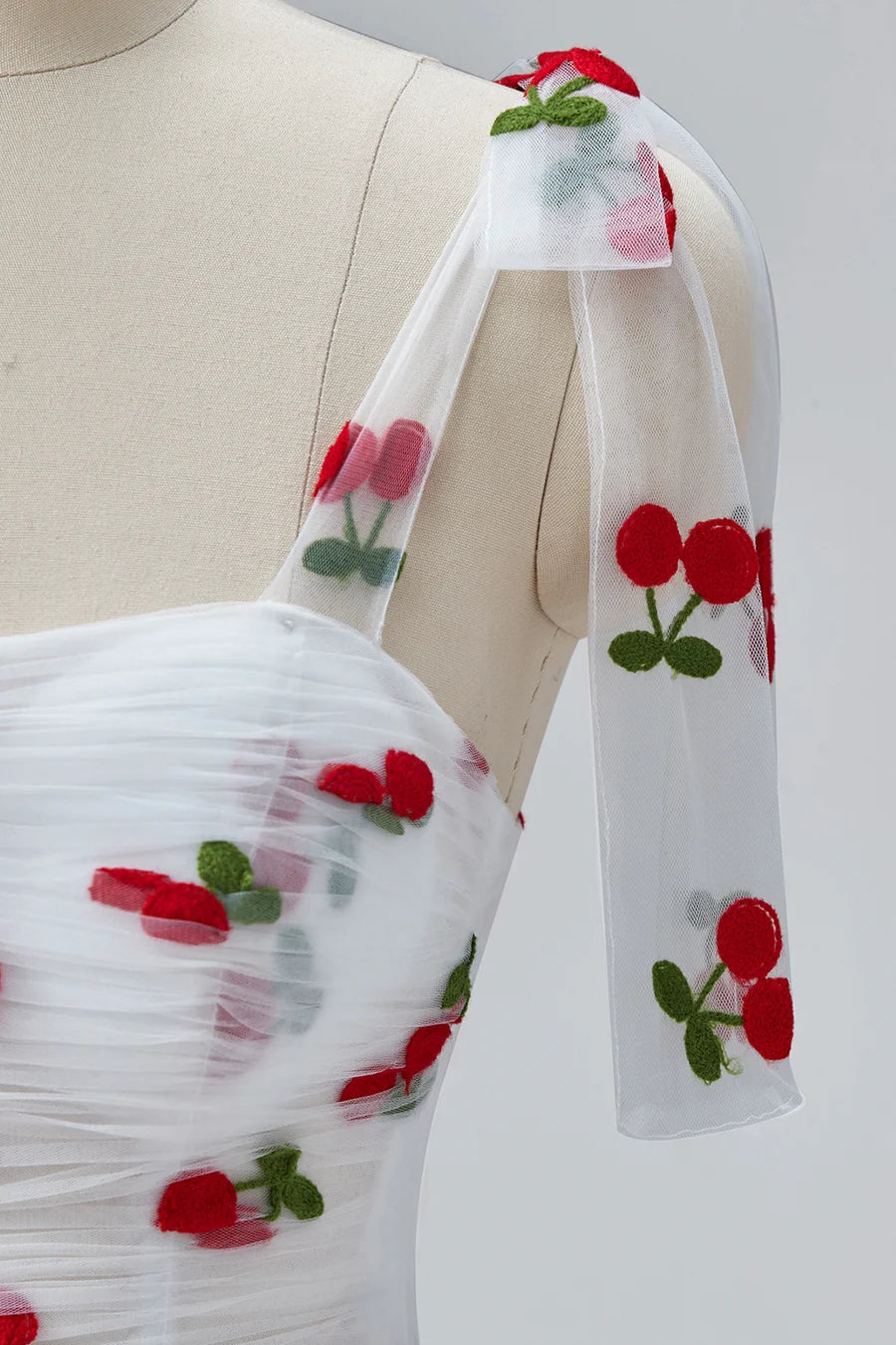 White Cherry Floor Length Prom Dresses, A-Line Ruffle Tulle Spaghetti Straps Princess Evening Dresses TP129