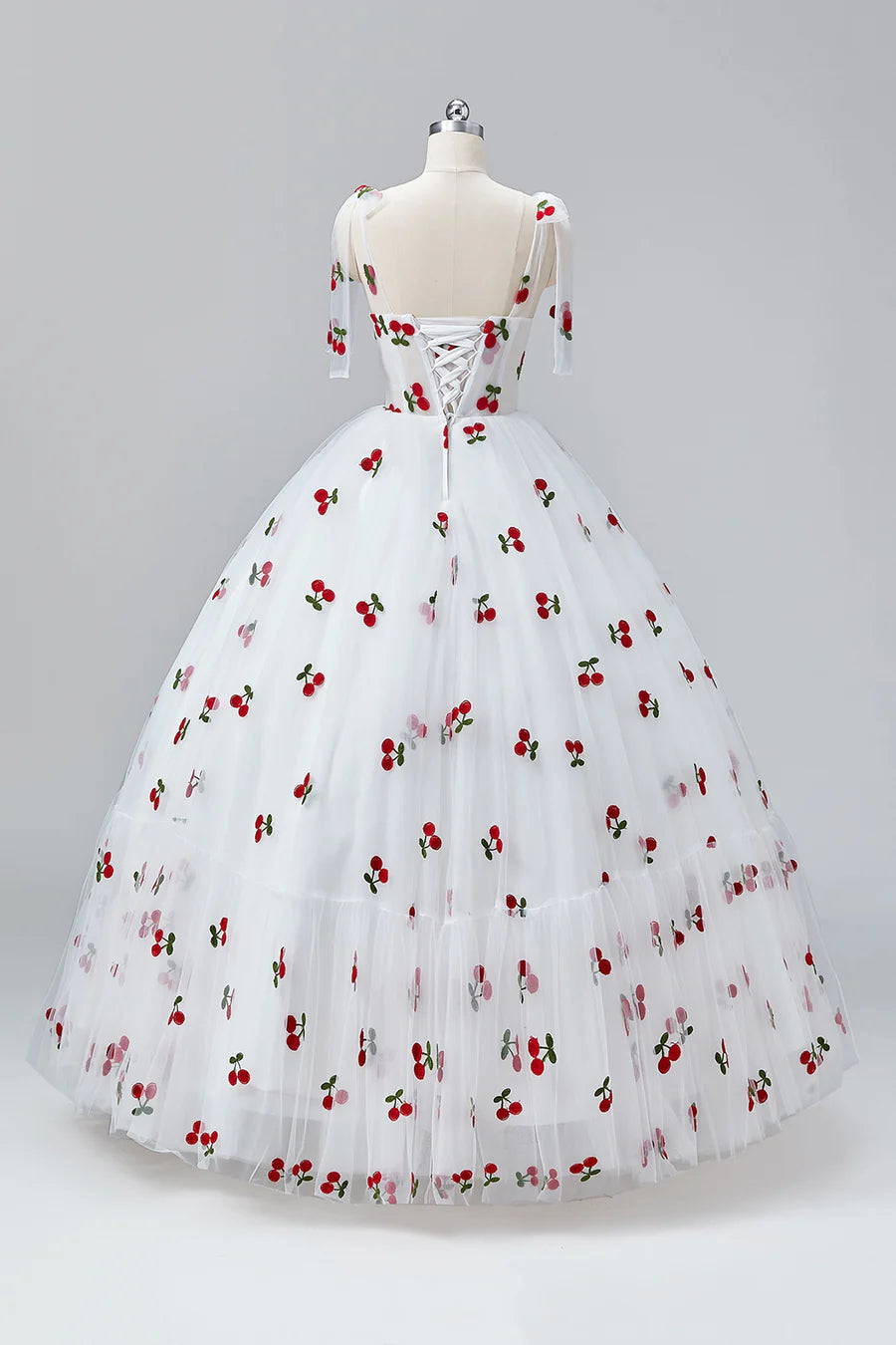 White Cherry Floor Length Prom Dresses, A-Line Ruffle Tulle Spaghetti Straps Princess Evening Dresses TP129