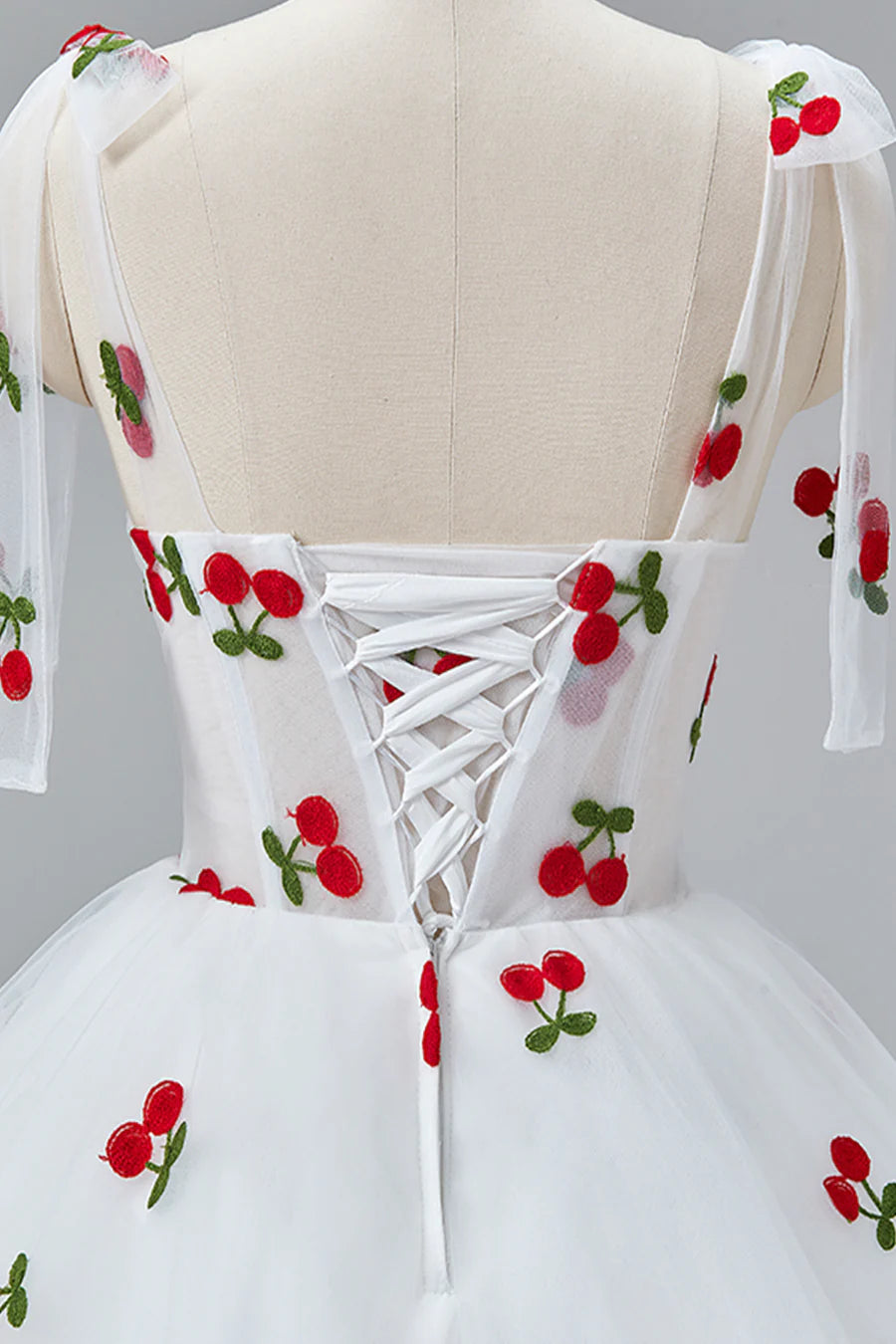 White Cherry Floor Length Prom Dresses, A-Line Ruffle Tulle Spaghetti Straps Princess Evening Dresses TP129