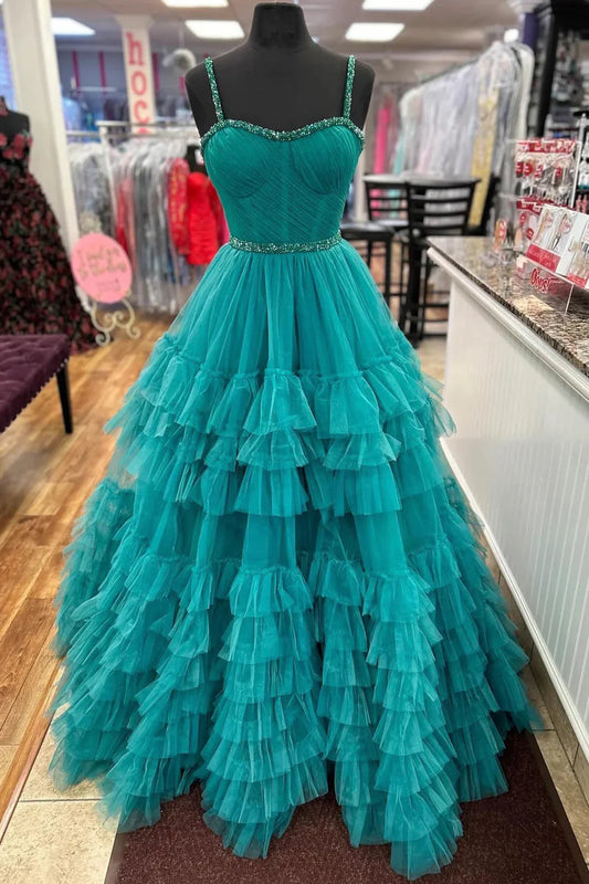 A-Line Tiered Ruffle Sweetheart Beaded Long Prom Dress, Turquoise Evening Party Dress TP132