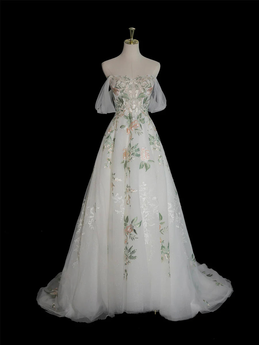 A-Line Tulle Floral Lace Long Prom Dress, White Off the Shoulder Evening Party Dress TP133