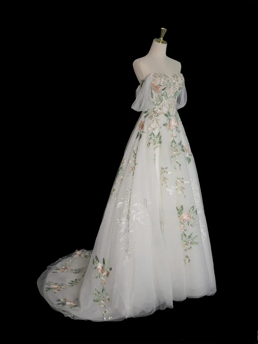 A-Line Tulle Floral Lace Long Prom Dress, White Off the Shoulder Evening Party Dress TP133
