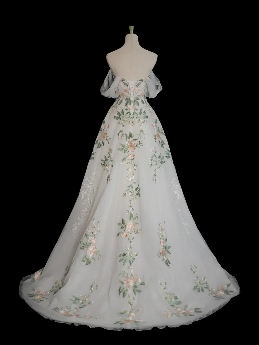 A-Line Tulle Floral Lace Long Prom Dress, White Off the Shoulder Evening Party Dress TP133