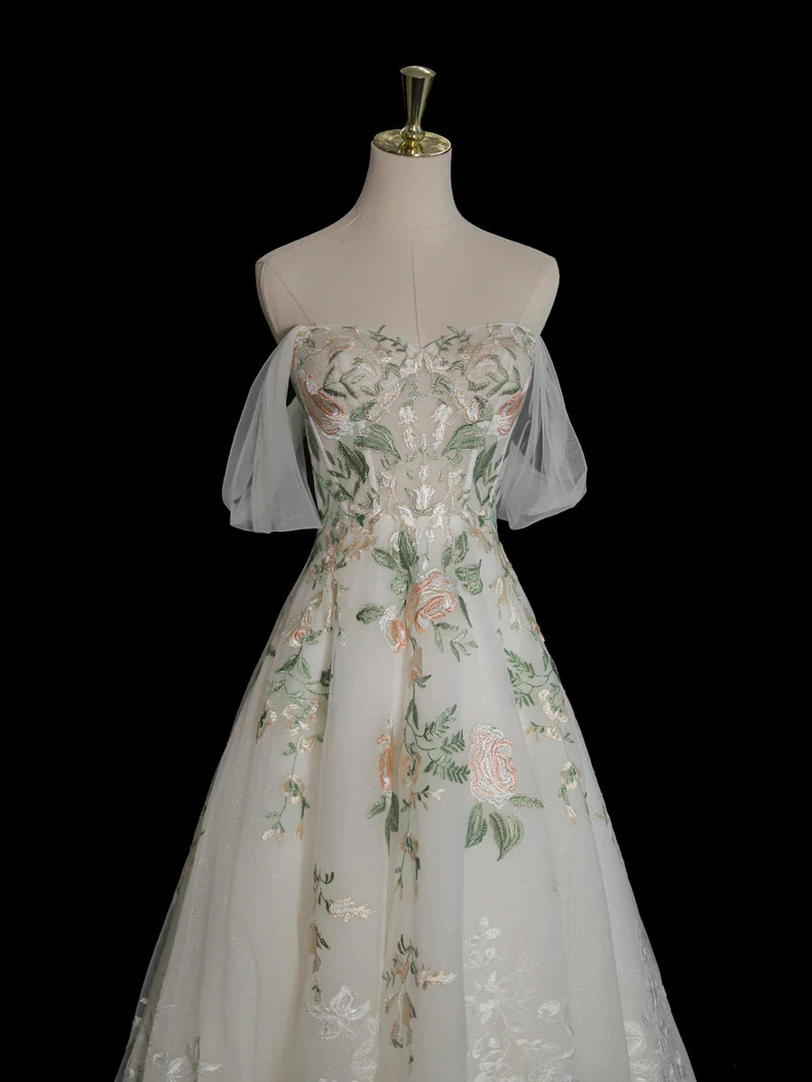 A-Line Tulle Floral Lace Long Prom Dress, White Off the Shoulder Evening Party Dress TP133