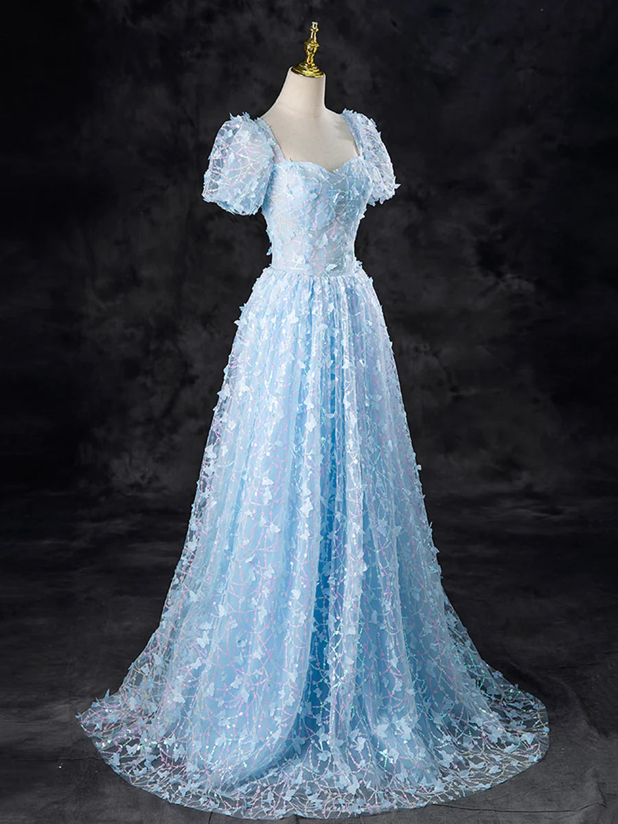 Blue Butterfly Appliques Sequins Prom Dress, A-Line Short Sleeve Backless Princess Formal Dress TP134