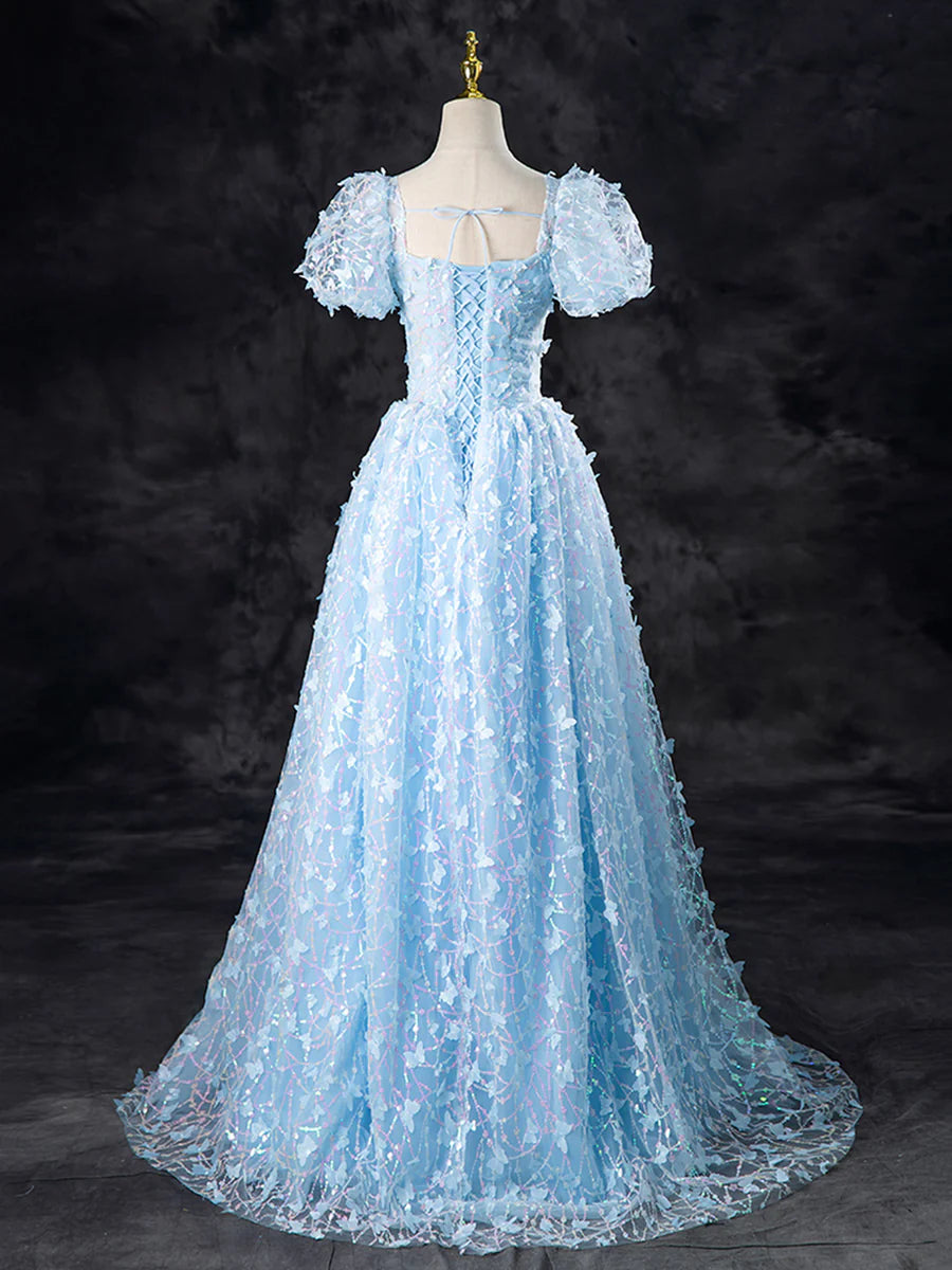 Blue Butterfly Appliques Sequins Prom Dress, A-Line Short Sleeve Backless Princess Formal Dress TP134