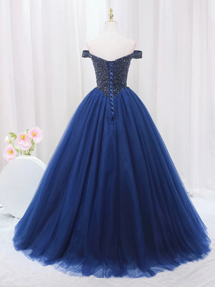Blue Tulle Beaded Long Prom Dress, Off the Shoulder Evening Party Dress TP139