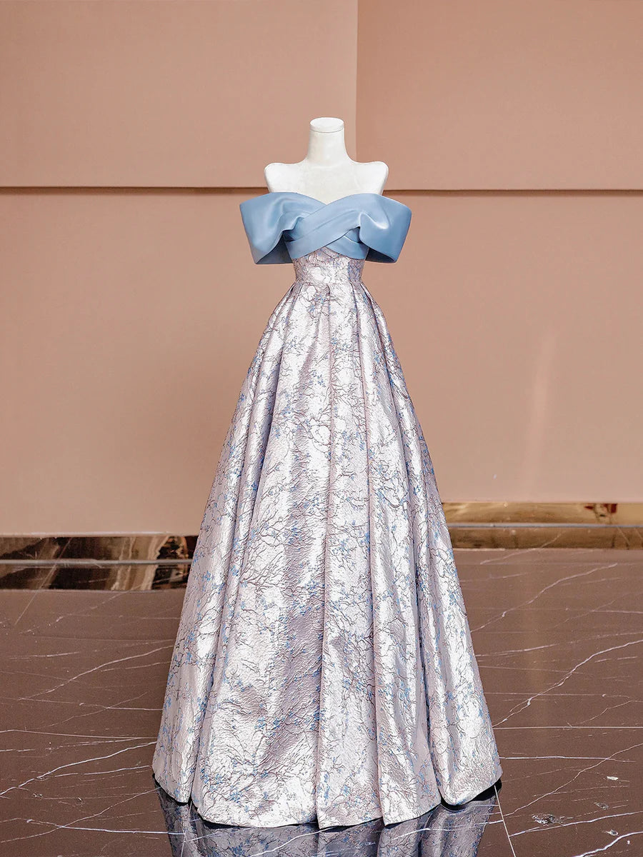 Blue Satin and Floral Pattern Floor Length Prom Dress, Off the Shoulder Evening Party Dress TP141